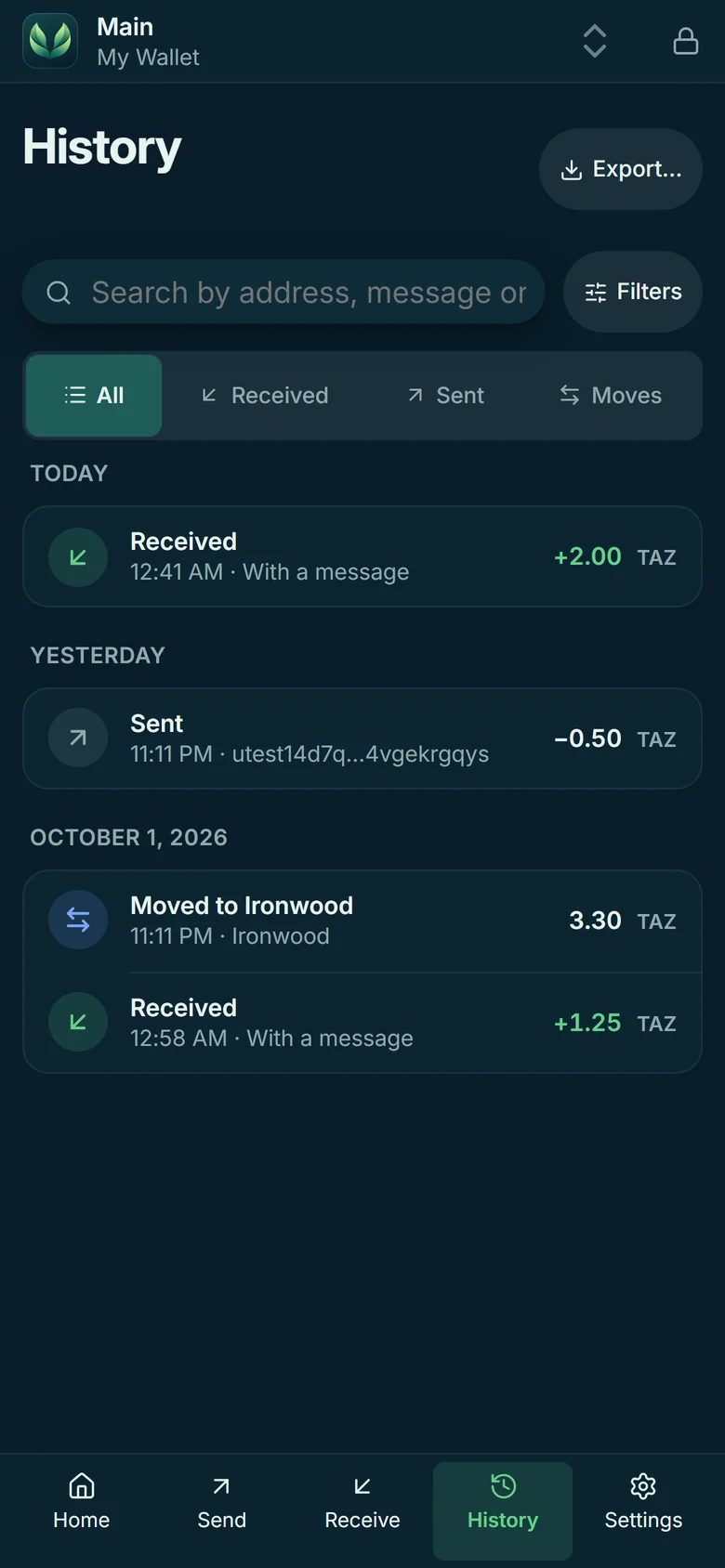 Laurel's History screen on the testnet build: filters for All, Received, Sent and Moves, and payments grouped by day, including a move to Ironwood